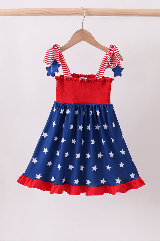 Star Smocked Blue Ruffle Dress