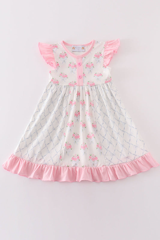 Pink Floral Bow Print Girl Dress
