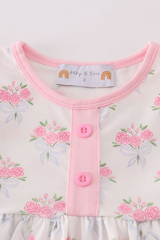Pink Floral Bow Print Girl Dress
