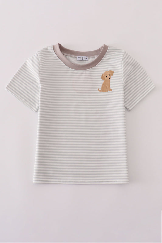 Grey Puppy Embroidery Stripe Top