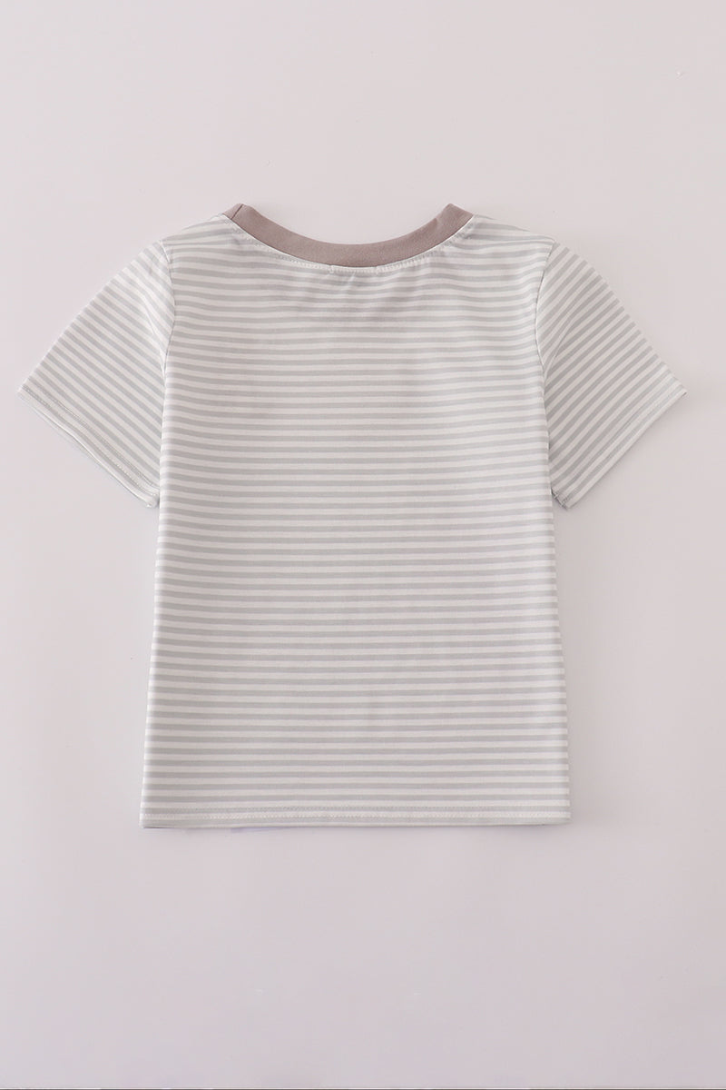 Grey Puppy Embroidery Stripe Top
