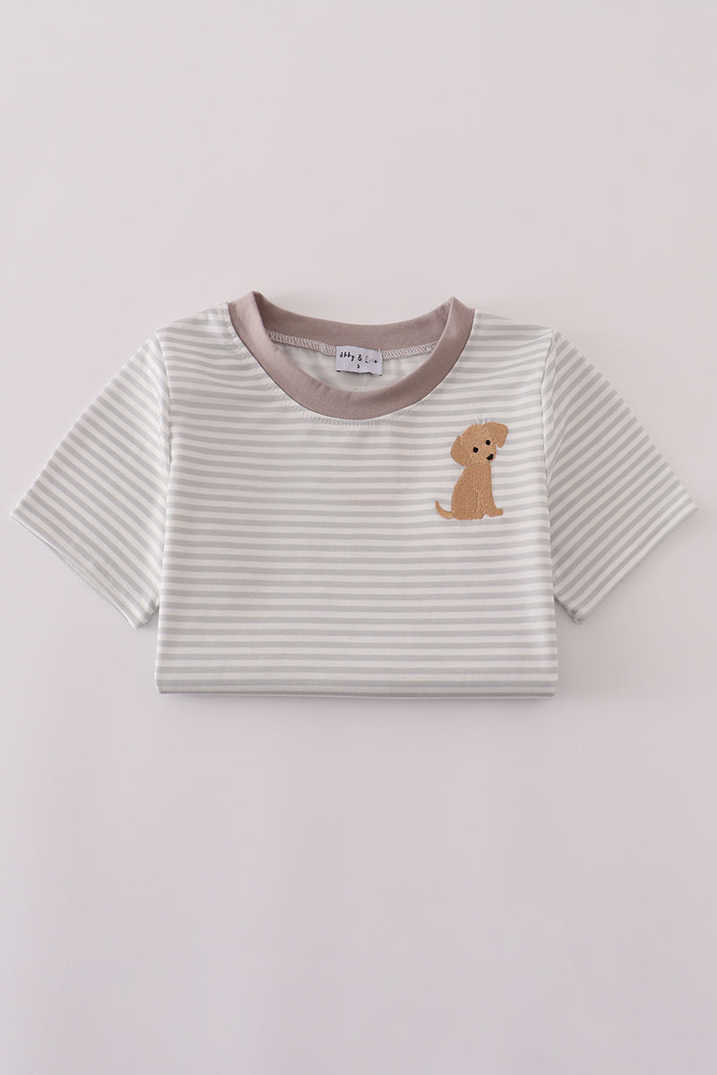 Grey Puppy Embroidery Stripe Top