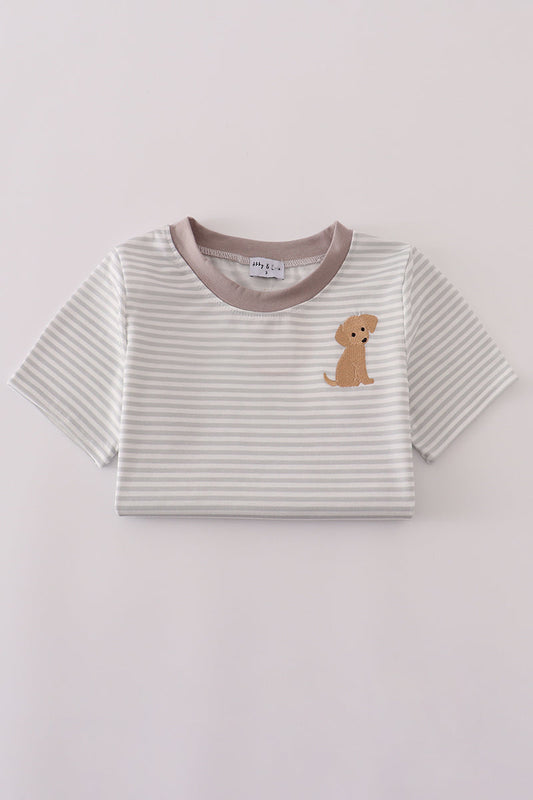 Grey Puppy Embroidery Stripe Top