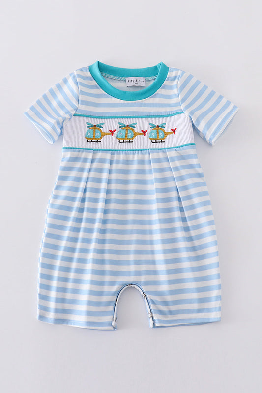 Blue Stripe Helicopter Embroidery Smocked Boy Romper
