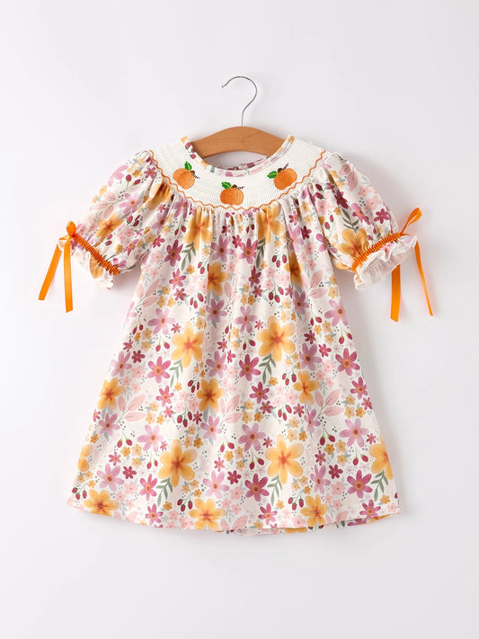Fall & Thanksgiving Pumpkin Embroidery Smock Floral Dress