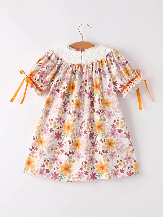 Fall & Thanksgiving Pumpkin Embroidery Smock Floral Dress