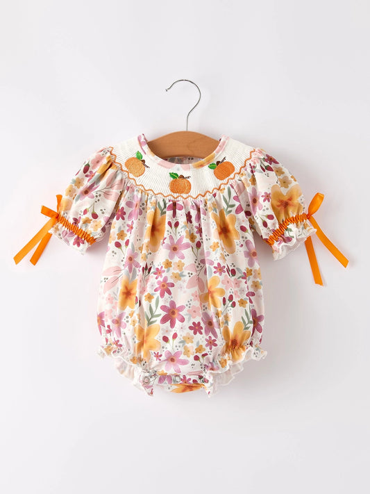 Fall & Thanksgiving Pumpkin Embroidery Smock Floral Baby Bubble