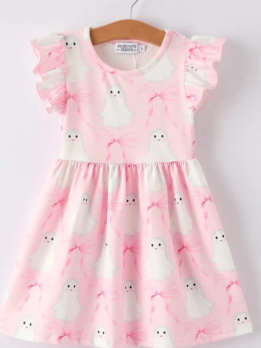 Halloween Pink Ghost Bow Flying Sleeve Dress