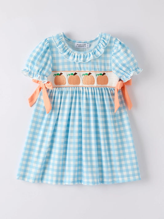 Fall Pumpkin Embroidery Smocking Blue Plaid Dress
