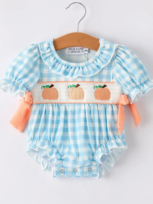 Fall Pumpkin Embroidery Smocking Blue Plaid Bubble