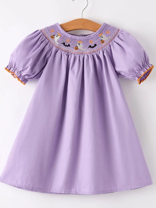 Purple Halloween Smock Embroidery Girl Dress