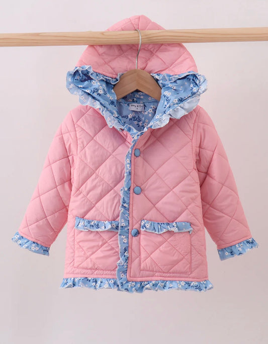 Peach Floral Print Ruffle Quilted Jacket