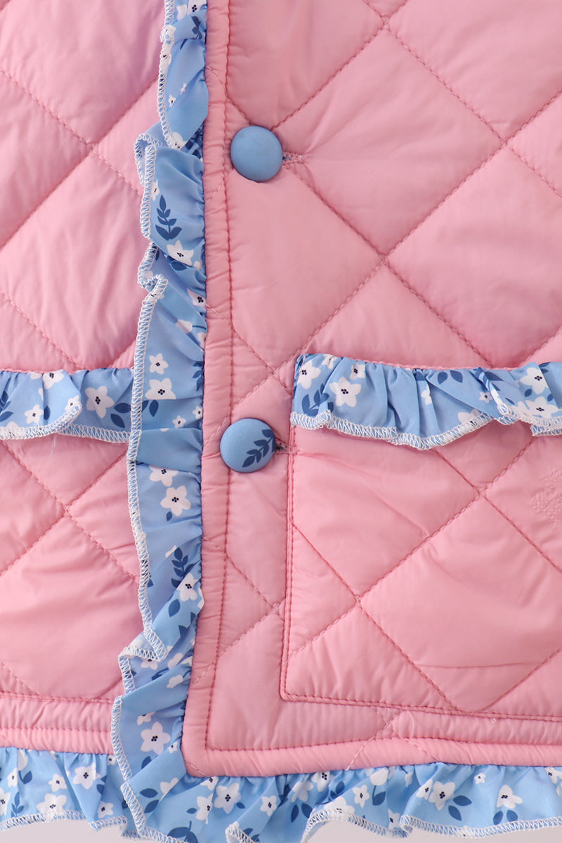 Peach Floral Print Ruffle Quilted Jacket