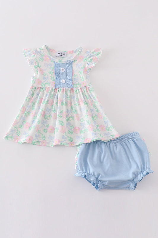 Blue Floral Bow Print Bloomer Set