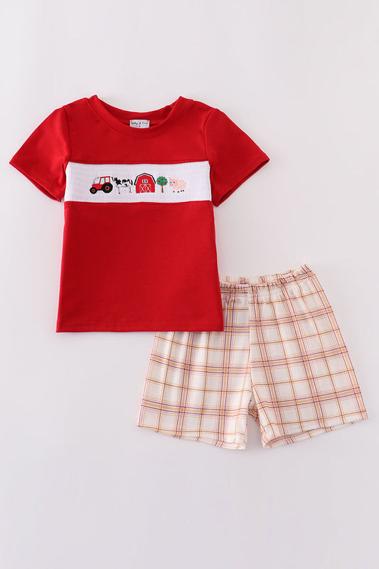 Farm Embroidery Smocked Plaid Shorts Set