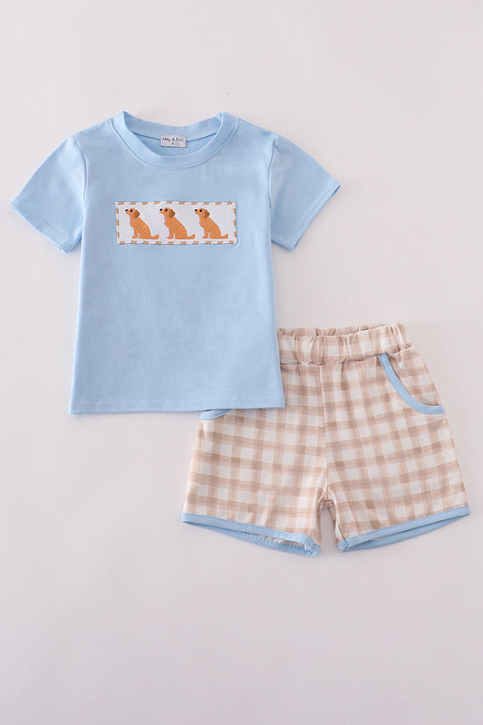 Puppy Embroidery Gingham Shorts Set