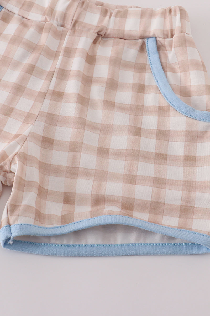 Puppy Embroidery Gingham Shorts Set
