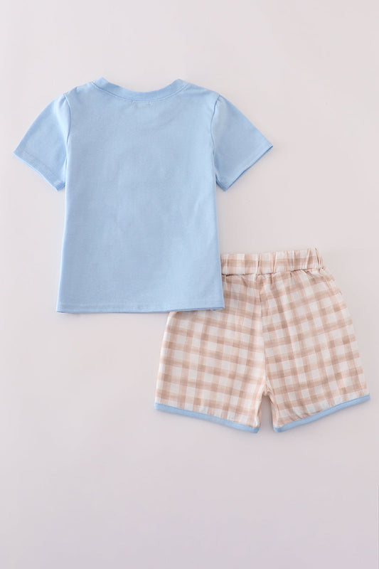 Puppy Embroidery Gingham Shorts Set