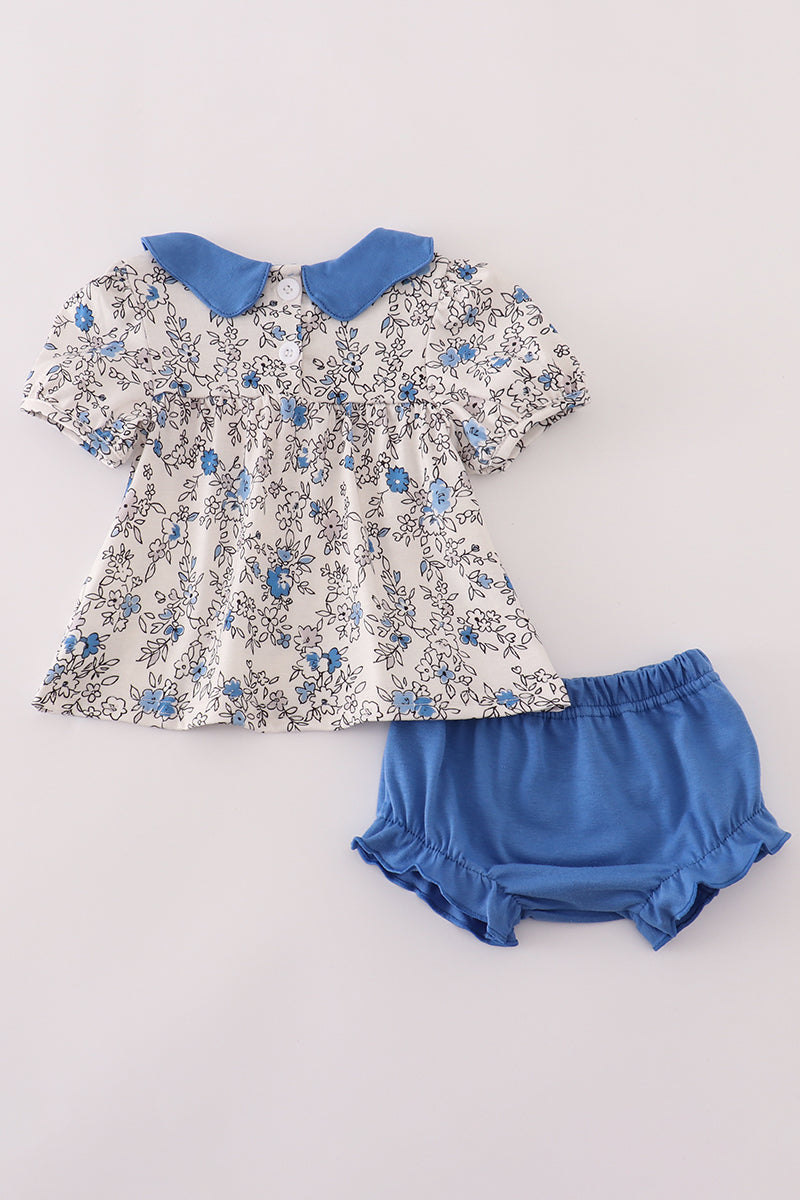 Blue Vintage Floral Print Bloomer Set