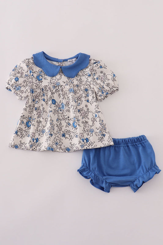 Blue Vintage Floral Print Bloomer Set
