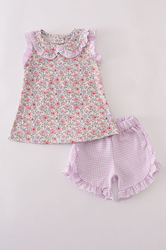 Purple Foral Print Ruffle Girls Shorts Set