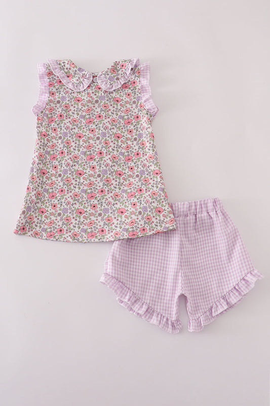 Purple Foral Print Ruffle Girls Shorts Set