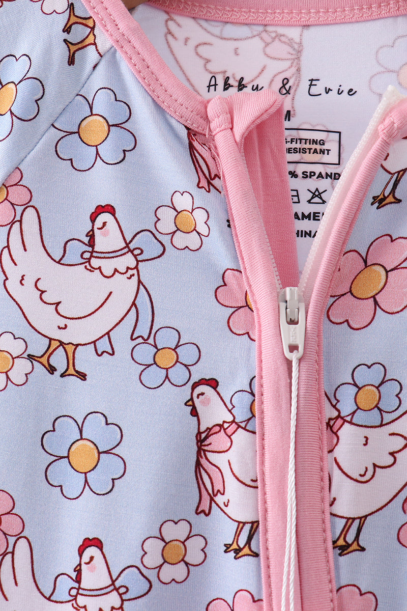Blue Bamboo Chicken Floral Print Pajama Romper