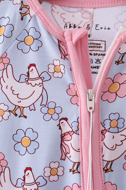 Blue Bamboo Chicken Floral Print Pajama Romper