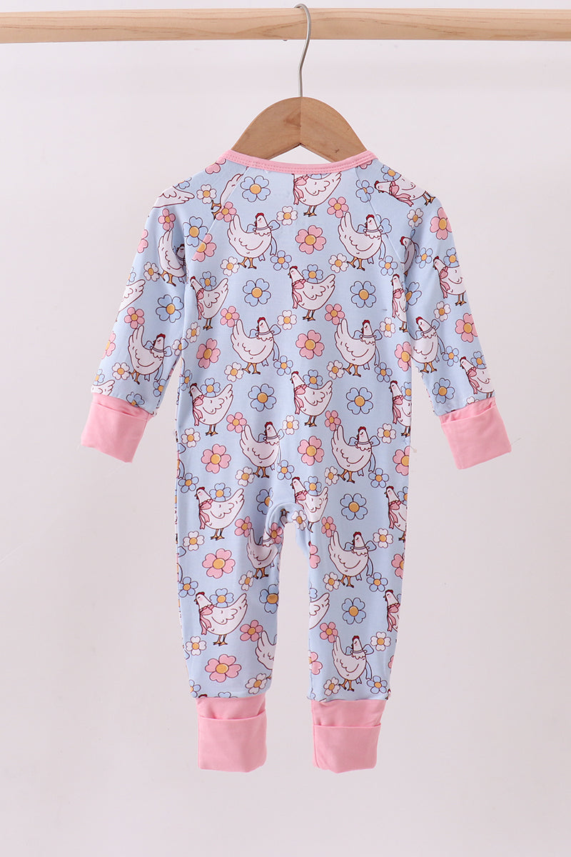 Blue Bamboo Chicken Floral Print Pajama Romper