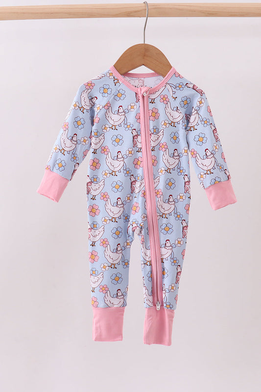 Blue Bamboo Chicken Floral Print Pajama Romper