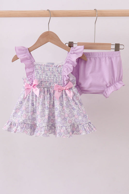 Floral Smocked Ruffle Purple Bloomer Set
