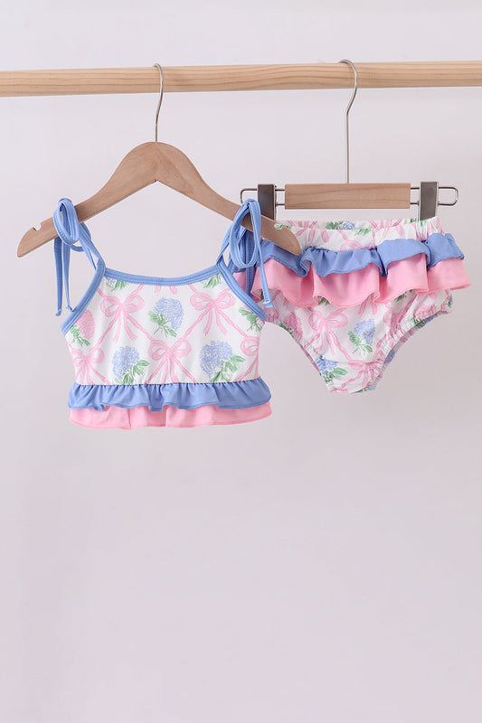 Bow Floral Ruffle Blue 2pc Swimsuit