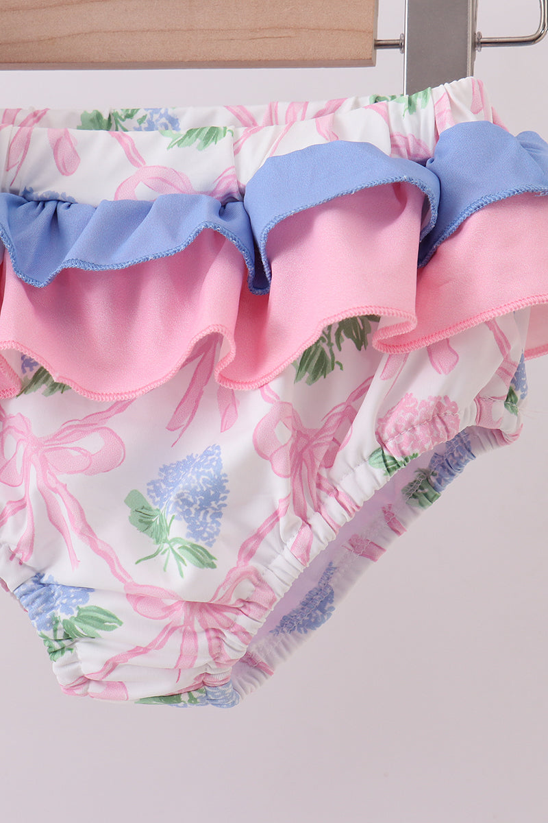 Bow Floral Ruffle Blue 2pc Swimsuit