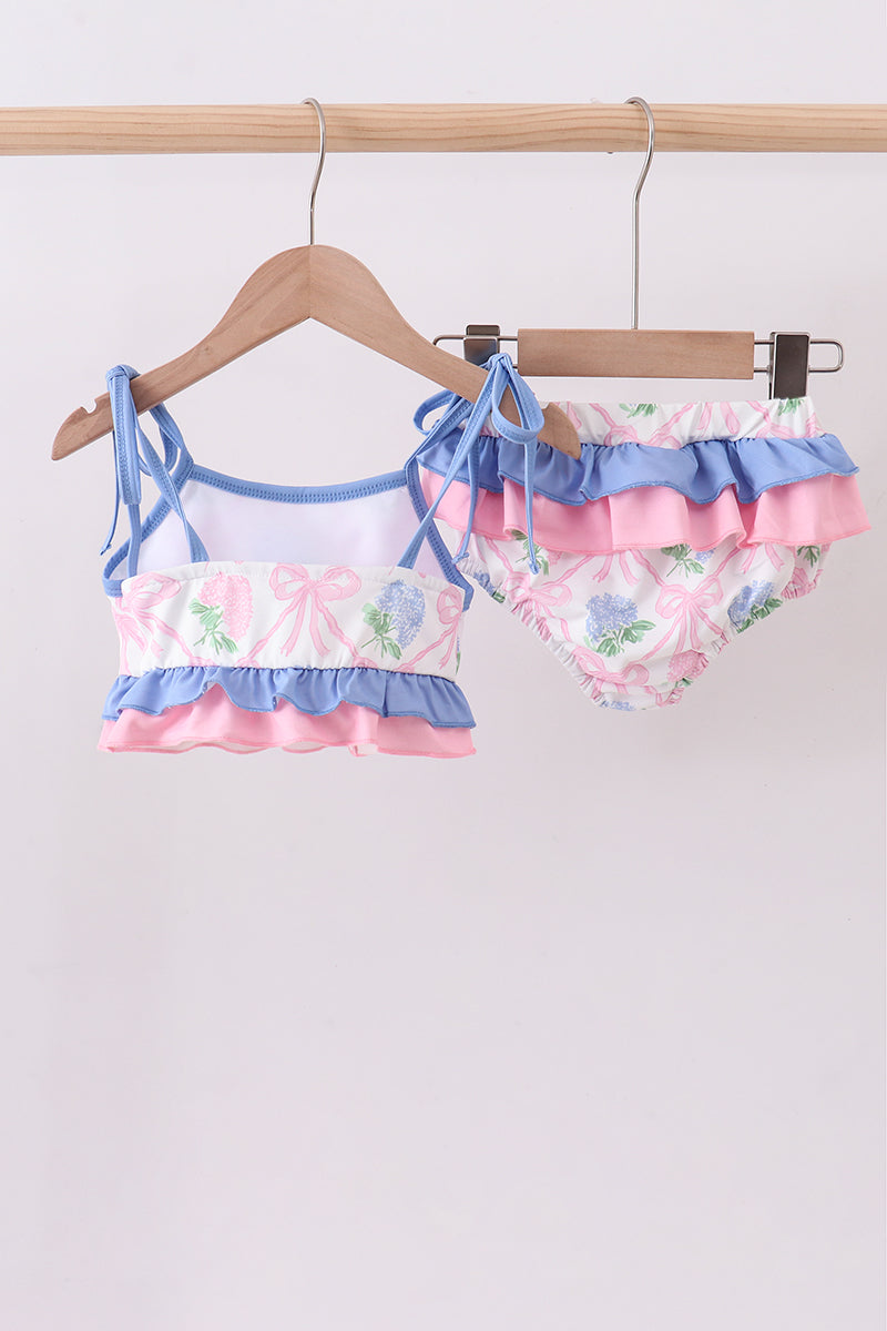 Bow Floral Ruffle Blue 2pc Swimsuit