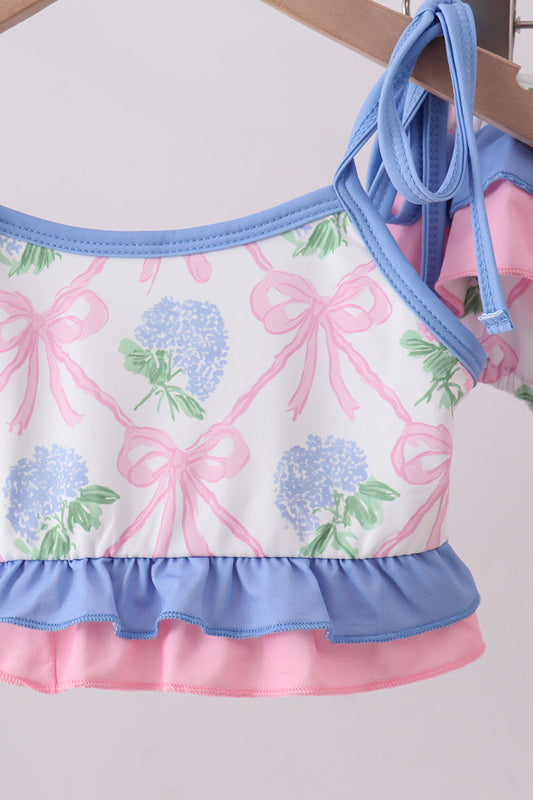Bow Floral Ruffle Blue 2pc Swimsuit