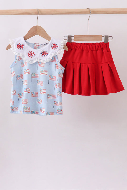 Fireworks Red, White, and Blue Embroidery Skort Set