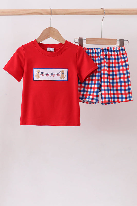 Puppy Patriotic Embroidery Gingham Shorts Set