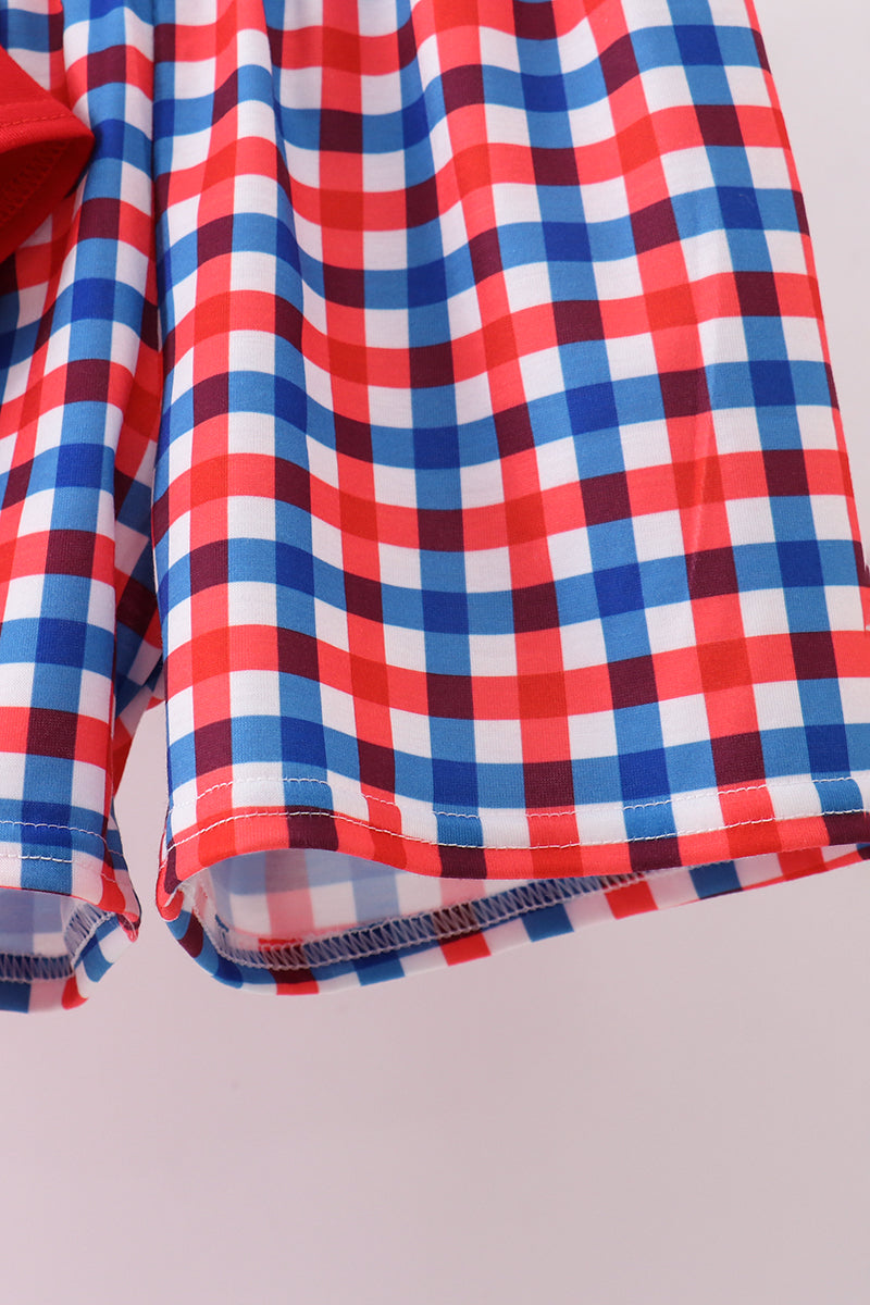 Puppy Patriotic Embroidery Gingham Shorts Set
