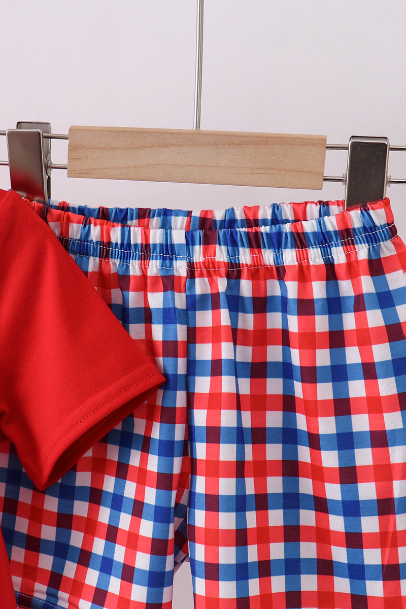 Puppy Patriotic Embroidery Gingham Shorts Set