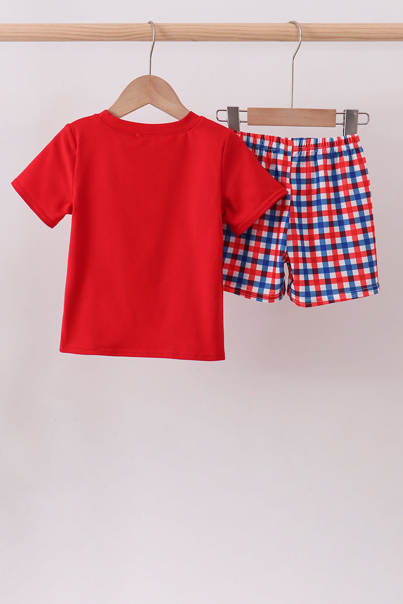 Puppy Patriotic Embroidery Gingham Shorts Set