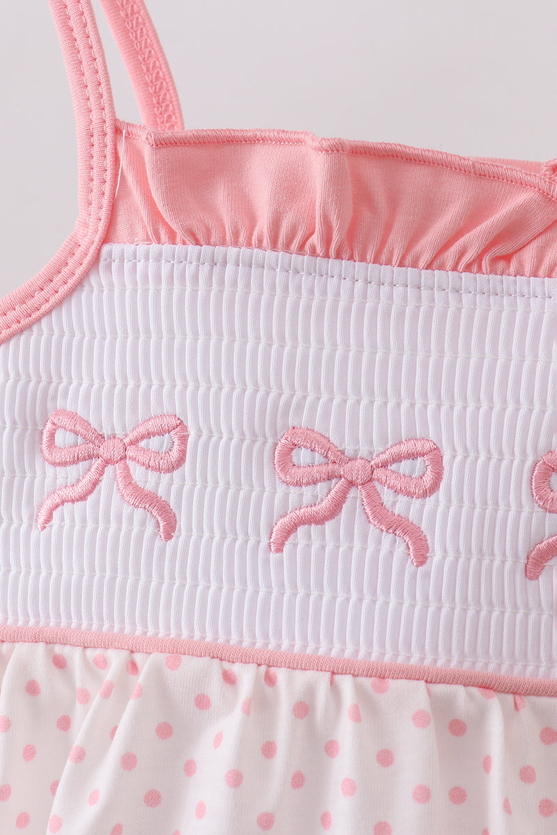 Bow Smocked Dot Pink Ruffle Bubble