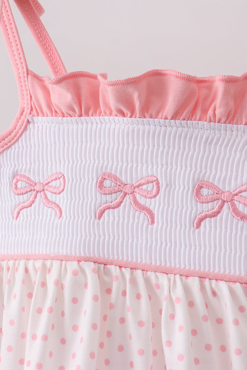 Bow Smocked Dot Pink Ruffle Bloomer Set