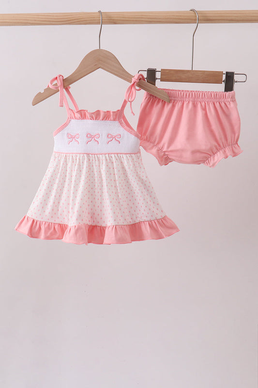 Bow Smocked Dot Pink Ruffle Bloomer Set
