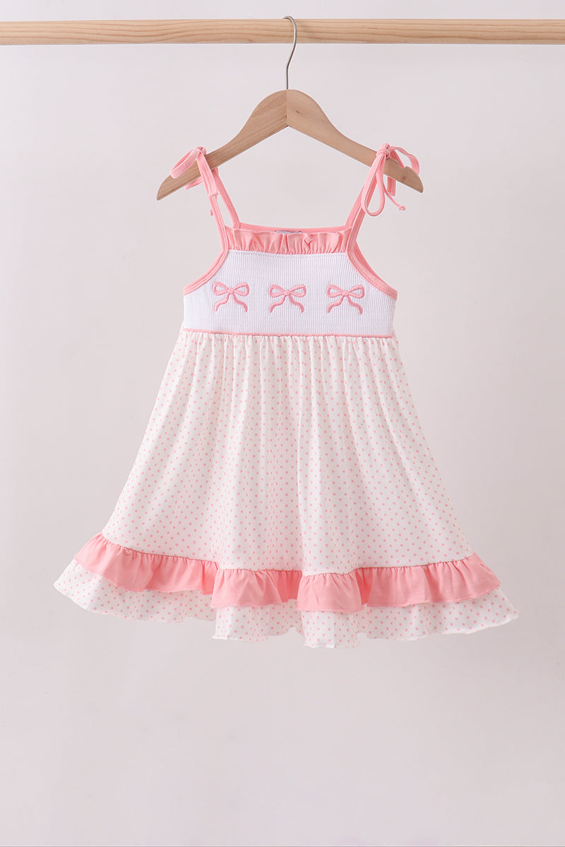 Bow Smocked Dot Pink Ruffle Dress