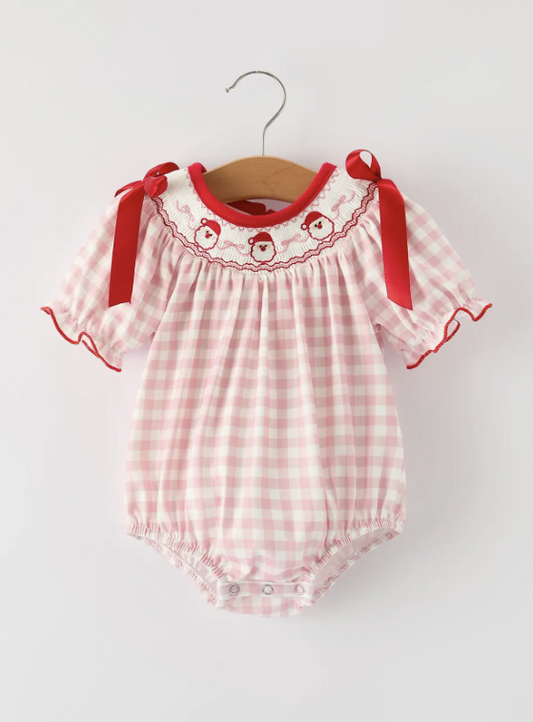 Pink Gingham Christmas Baby Girls Romper: Santa Embroidery with Red Satin Ribbon