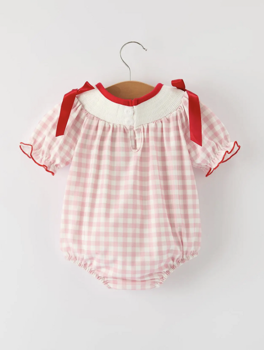 Pink Gingham Christmas Baby Girls Romper: Santa Embroidery with Red Satin Ribbon