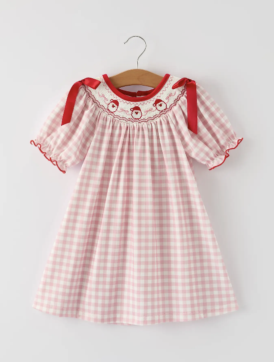 Pink Gingham Christmas Girls Dress: Santa Embroidery with Red Satin Ribbon