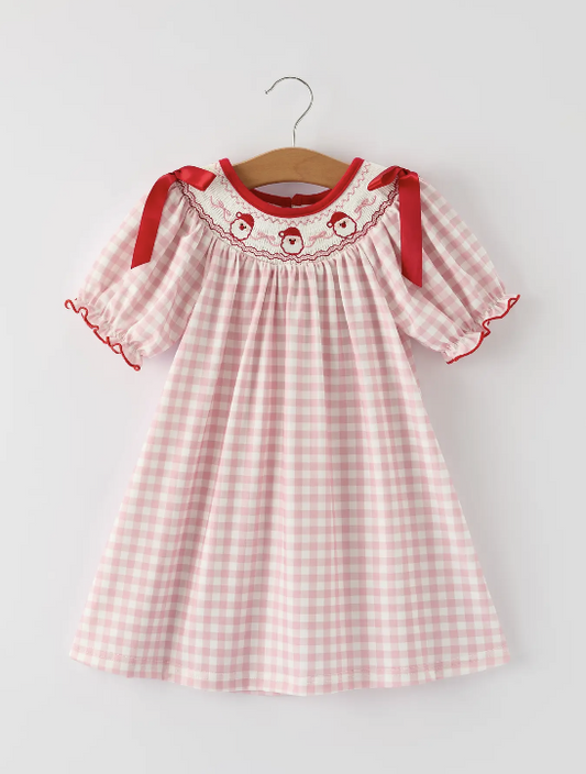 Pink Gingham Christmas Girls Dress: Santa Embroidery with Red Satin Ribbon