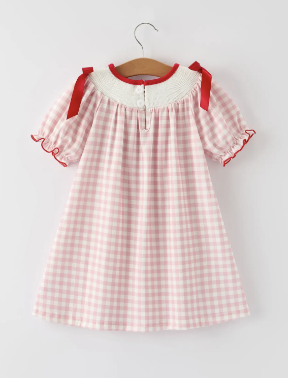 Pink Gingham Christmas Girls Dress: Santa Embroidery with Red Satin Ribbon