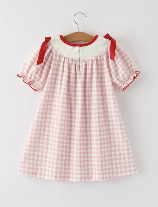 Pink Gingham Christmas Girls Dress: Santa Embroidery with Red Satin Ribbon